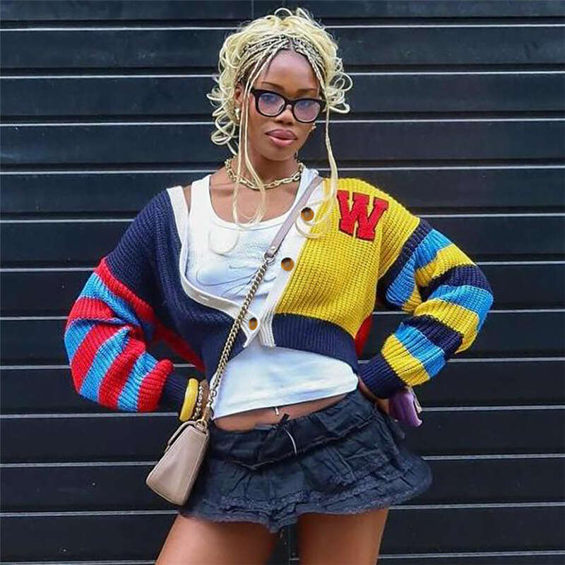 Autumn Winter New Women's Fashion Casual Colorful Letter Knit Button Short Long Sleeve Jacket B5