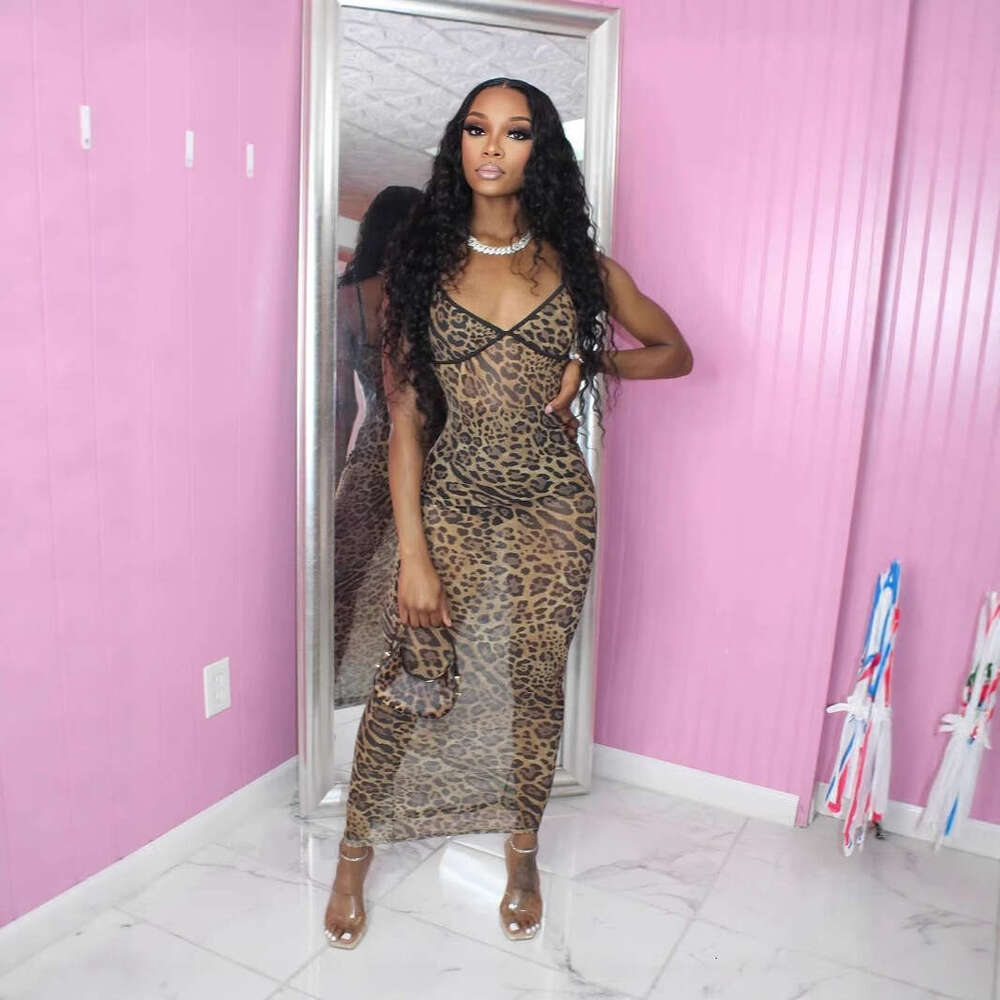 Summer Sexy Spaghetti Strap Leopard Print Long Bodycon Party Dress B5