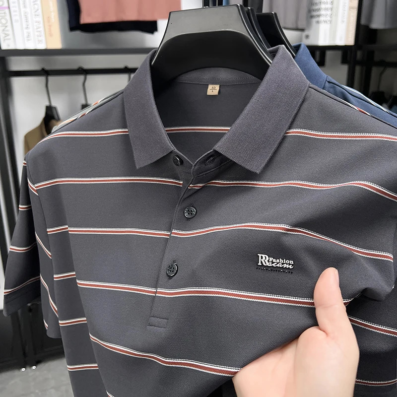 High quality short sleeved mens polo shirt summer fashion striped highend custom badge top casual business Tshirt 250612
