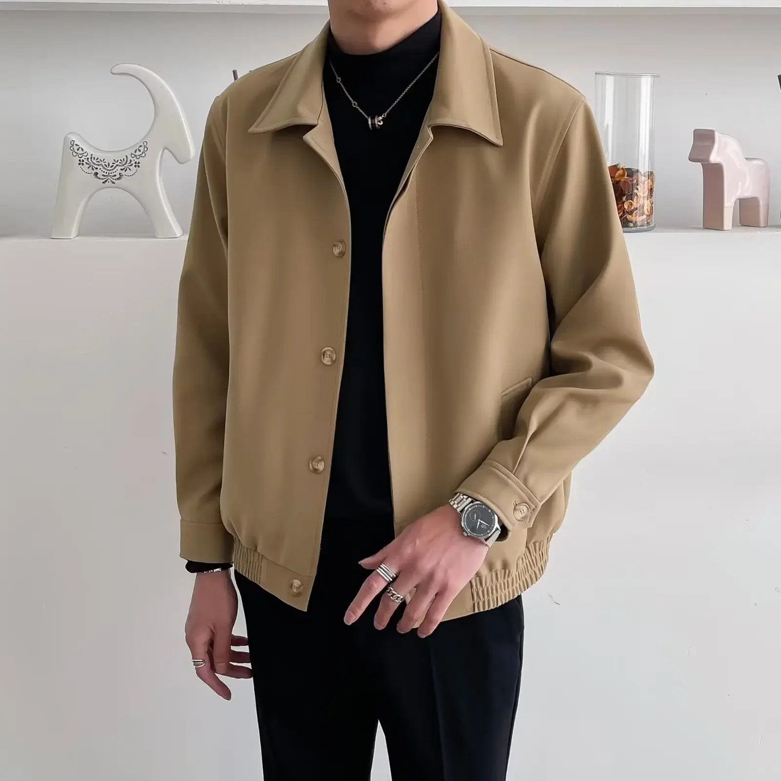 Spring Autumn Mens Casual Solid Color Lapel Blazer Loose Fit Korean Trendy Cropped Jacket Top Lightweight For Summer 250613