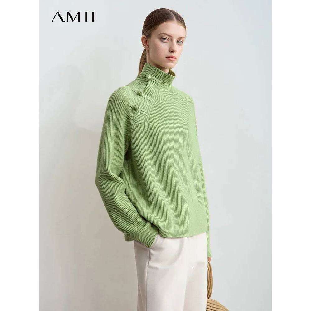 AMII 2024 Winter Women New Chinese Style Knitted Button Turtleneck Sweater Fashion Loose Rough Sleeves Solid Color Top 12444235