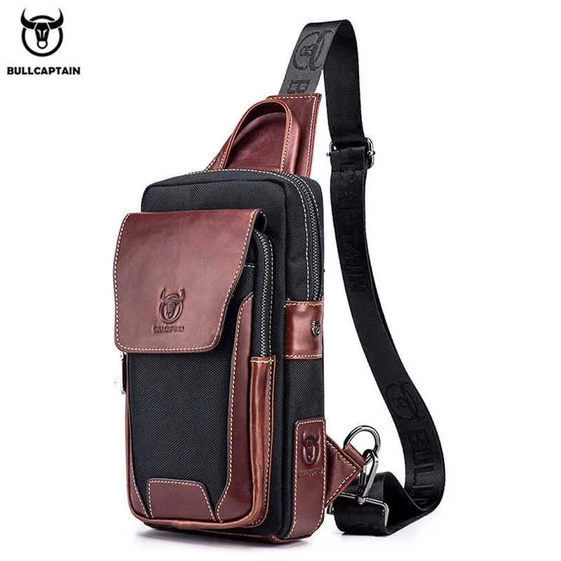 Bullcaptain Men Sac à poitrine Couche de tête de vaches de vache pour hommes Sac à la mode décontractée Styles de baguette de poitrine Sac à band
