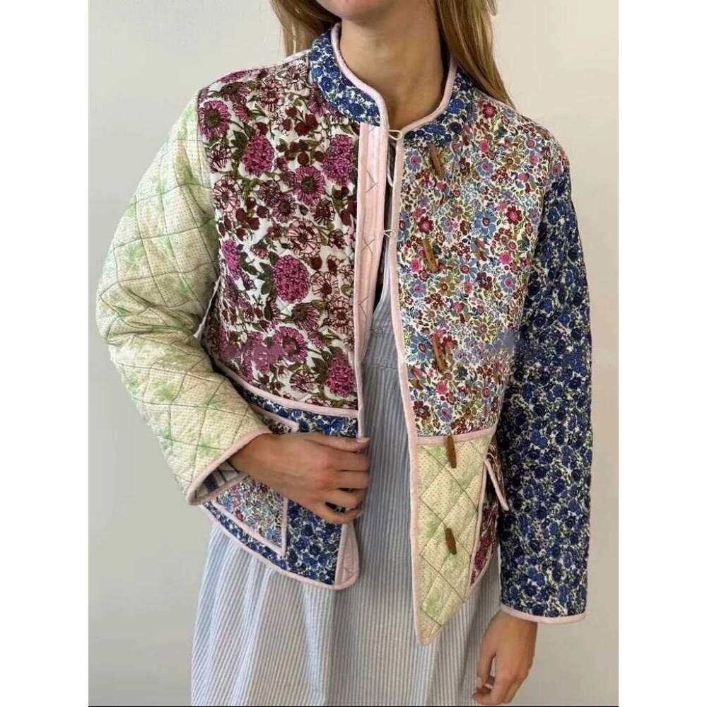 2024 New Winter Thick Vintage Printing Pocket Coats Fashion Casual Patchwork Full Sleeve Jackets Streetwear Women Outwear