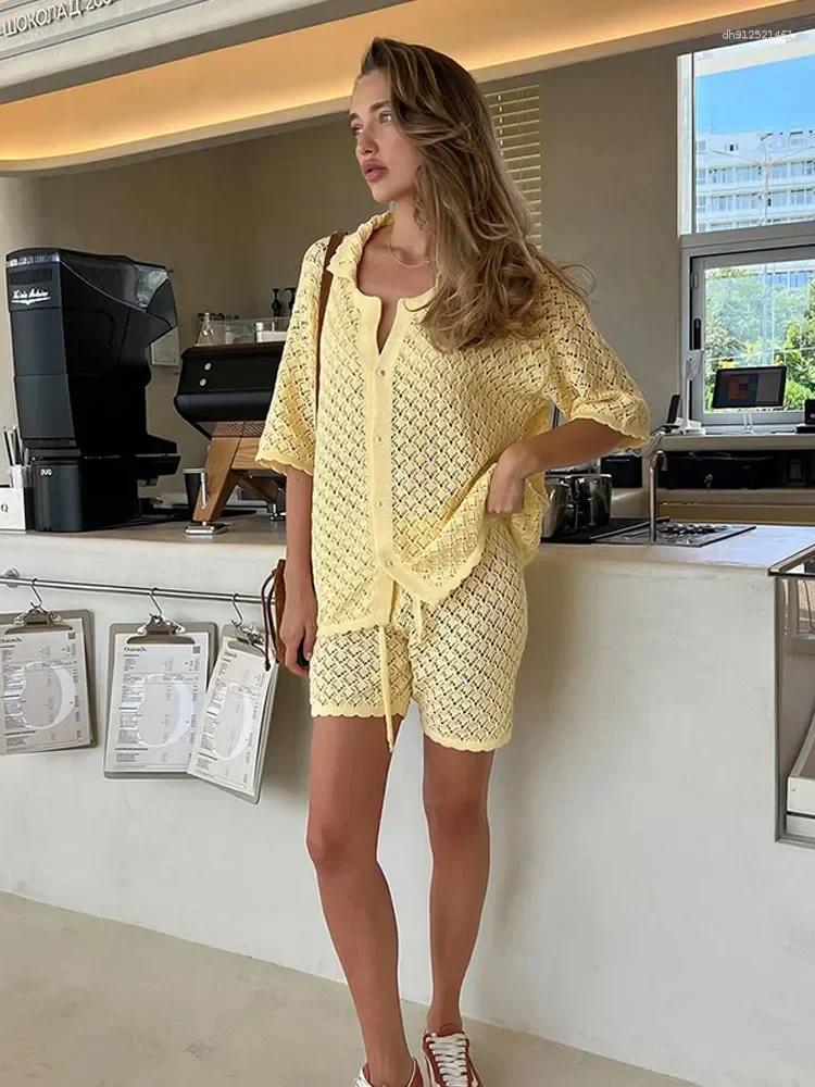 Women's Tracksuits Yellow Hollow Out Shorts Set Womens Chic Lapel Single Breasted Blouses Lady Elastic Lace Up Suit Summer Vacation Outfits
