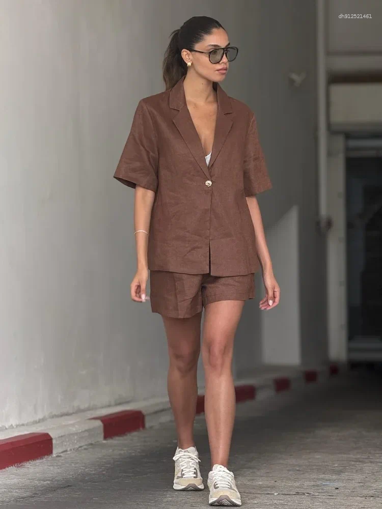 Women's Tracksuits Women Brown Cotton Linen Shirts Shorts Suit Casual Half Sleeves One Button Top Pockets Set 2025 Summer Lady Street Outfit