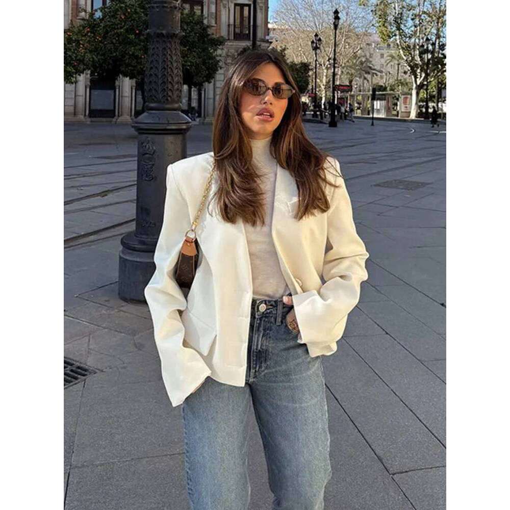 Fashion White Lapel Slim Women Suit Jacket Elegant Long Sleeve Pocket Cropped Blazer Coat 2025 Lady Spring Commute Outerwears