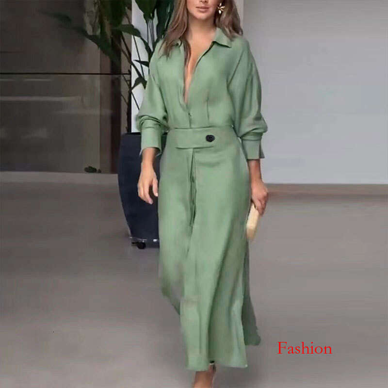 New Elegant Women's Commuter Tie Solid Color Waist-Cinching Long Sleeve Irregular Shirt Dress For Women B5 b9