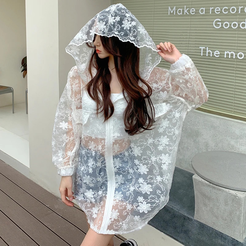 Summer Sunscreen Coat Elegant Lace y Perspective Thin Hooded Tops Korean Fashion Womens Zipper Casual Outerwear 250611