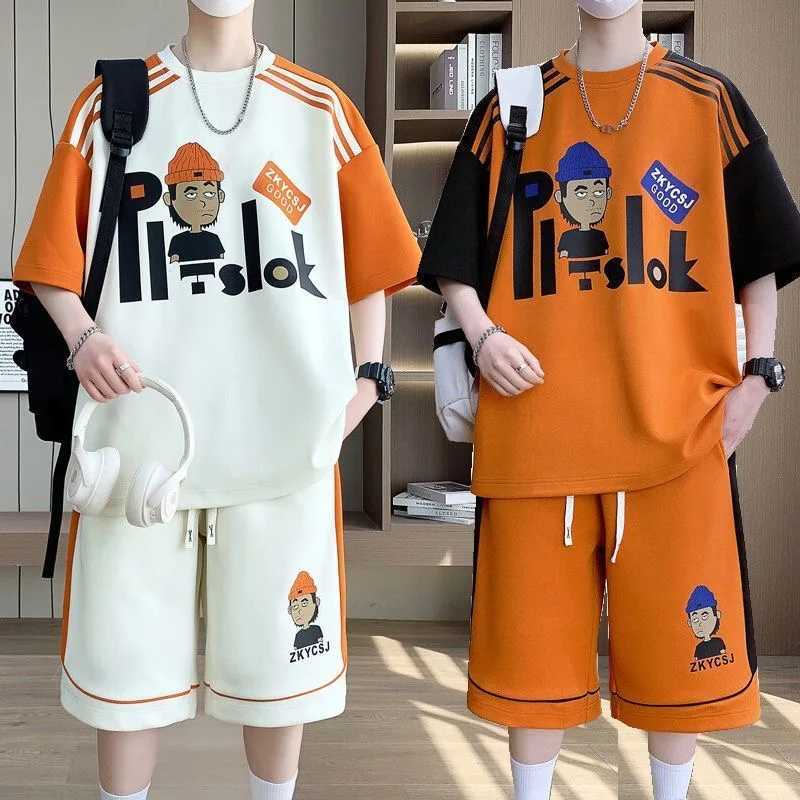 Summer Fashion Trend Printed Short-Sleeved T-shirt Sports Suit Mens Loose and Comfortable Large Size High Quality Two-Piece Set W250613