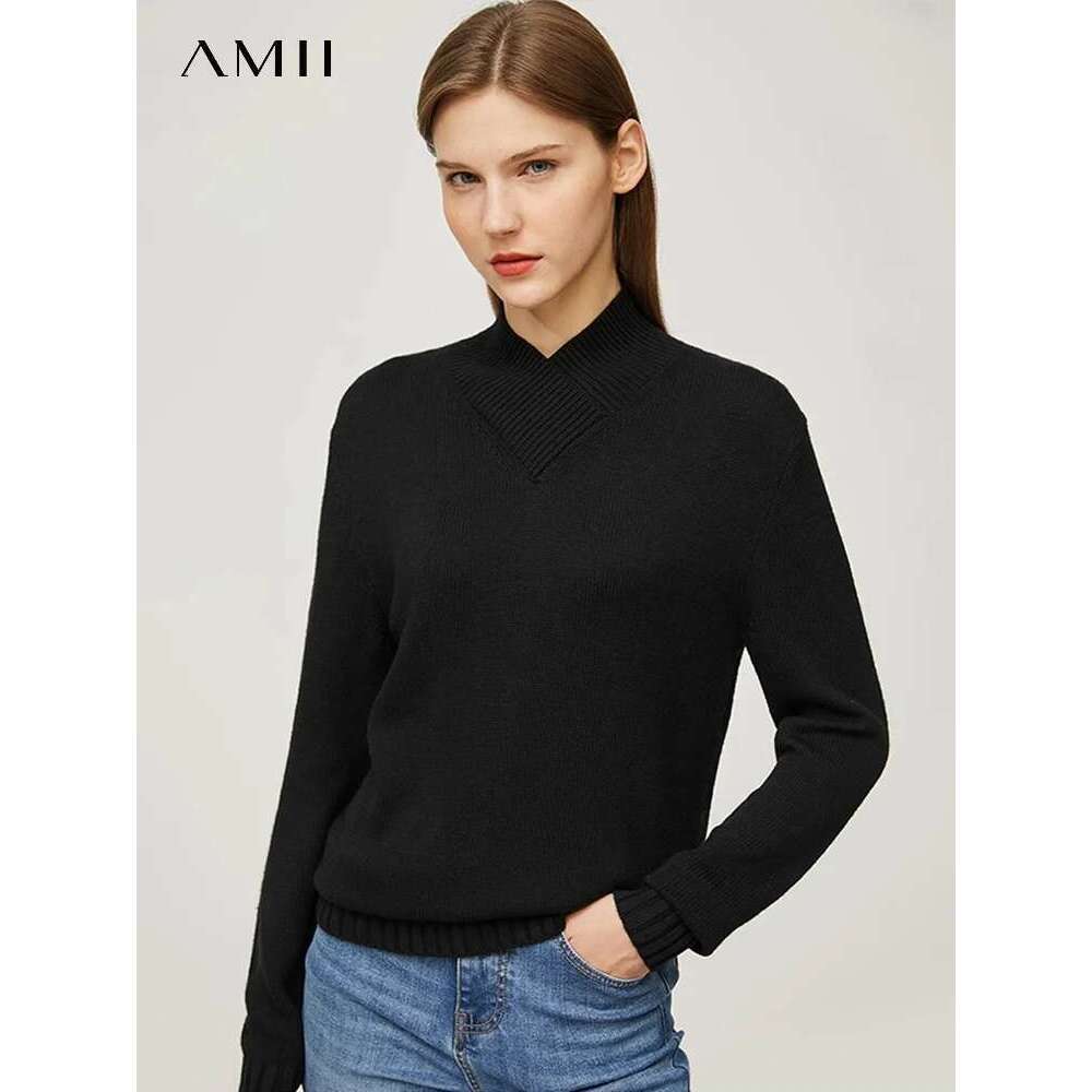 Amii minimalisme hiver pull pour femmes élégant col montant en vrac tricoté hauts bureau dame cachemire chandails pull 12120328