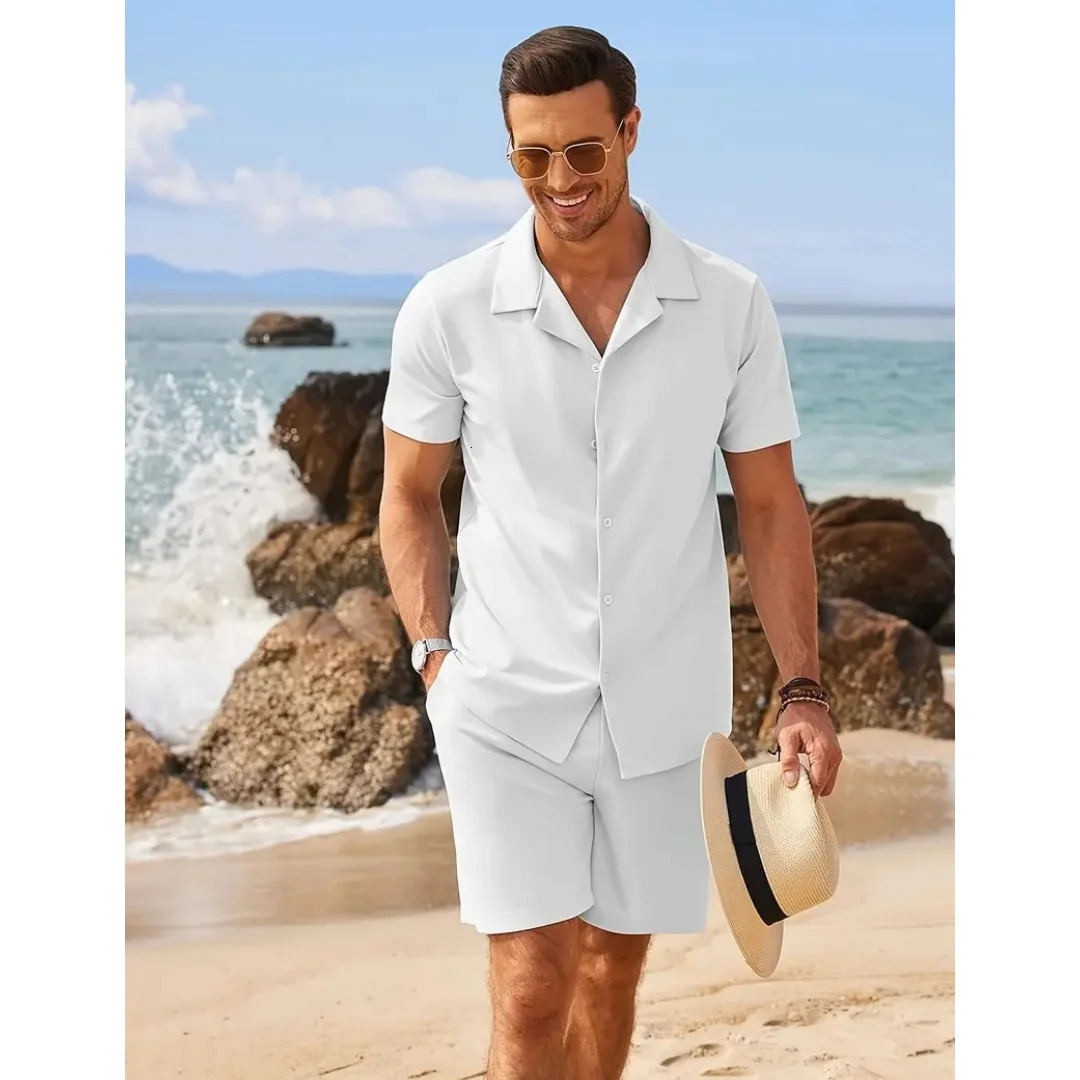 Fashion Summer Mens Shirt Suit Simple Solid Sleeve Casual Lapel Shirt Oversized Beach Short Hawaiian Clothing y2kBeach Shorts Set 250606