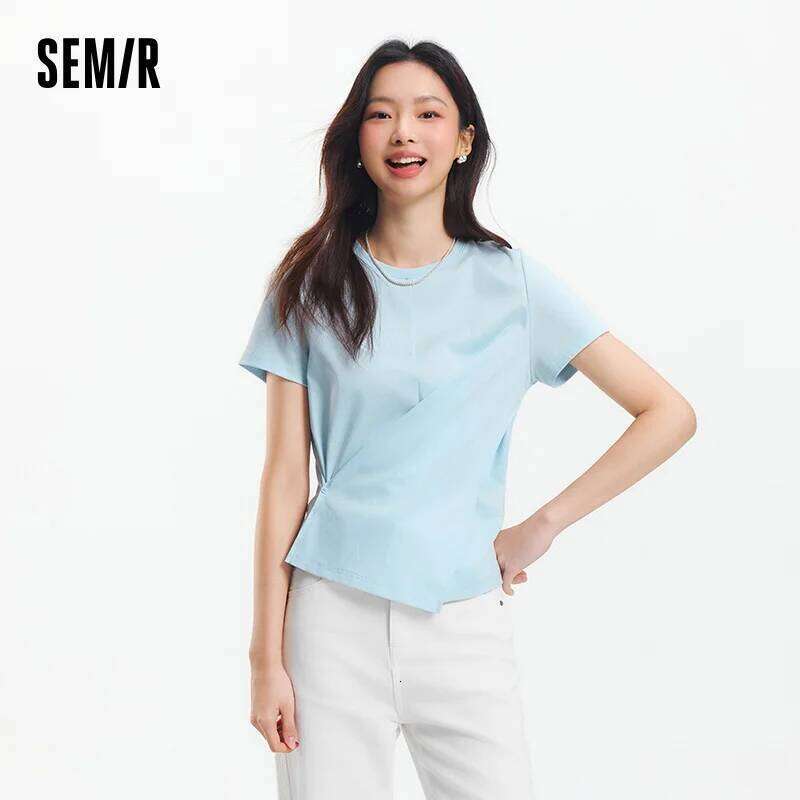 T-shirt à manches courtes Semir Femmes Cropped Design Split Hem 2025 Nouveau top en coton d'été Assuré pour le style décontracté et chic