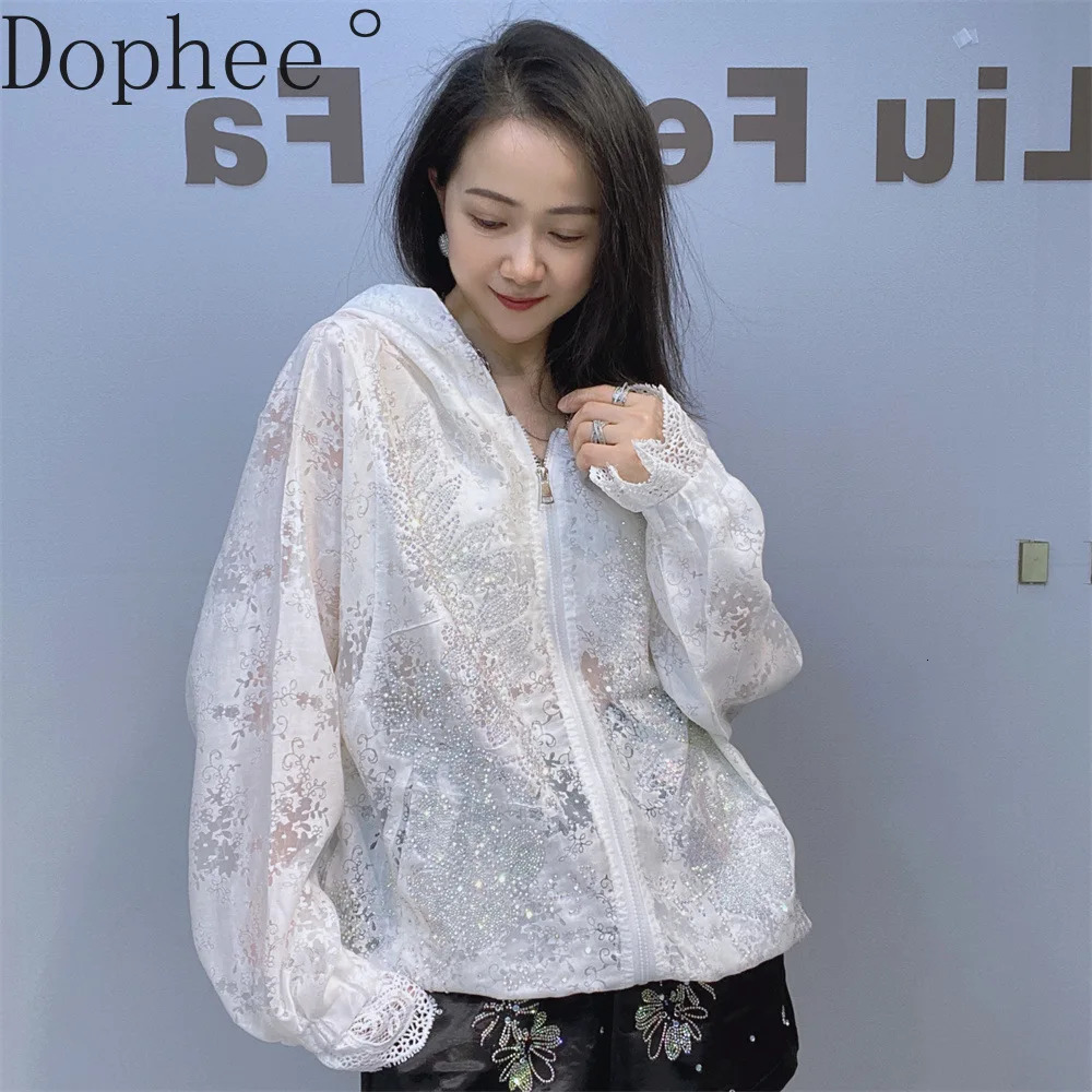 Summer Women Sunscreen Shirt Loose Hooded Long Sleeve Thin Jacket Shimmering Drilling Hollow Out Lace Cardigans Top 250611