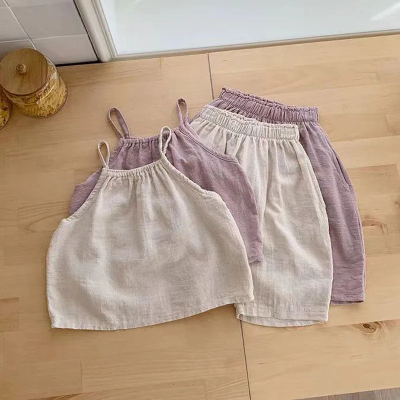 Baby girl summer simple n cotton and linen solid color suspender top loose wideleg trousers holiday casual twopiece 250612