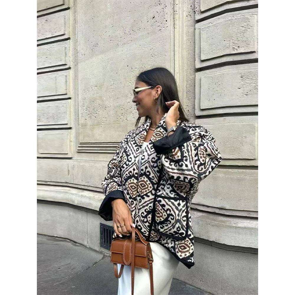 High Street Printed Padded Women Fashion Long Sleeve Lace Up Coats Female 2023 Winter O-Neck Loose Lady Cotton Jacket