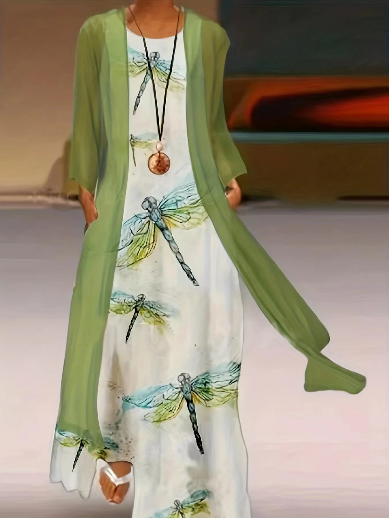 Plus Size Twopiece Dragonfly Print Dress Set Crew Neck Tank Long Sleeve Open Front Kimono Outfits Womens Clothing 250609