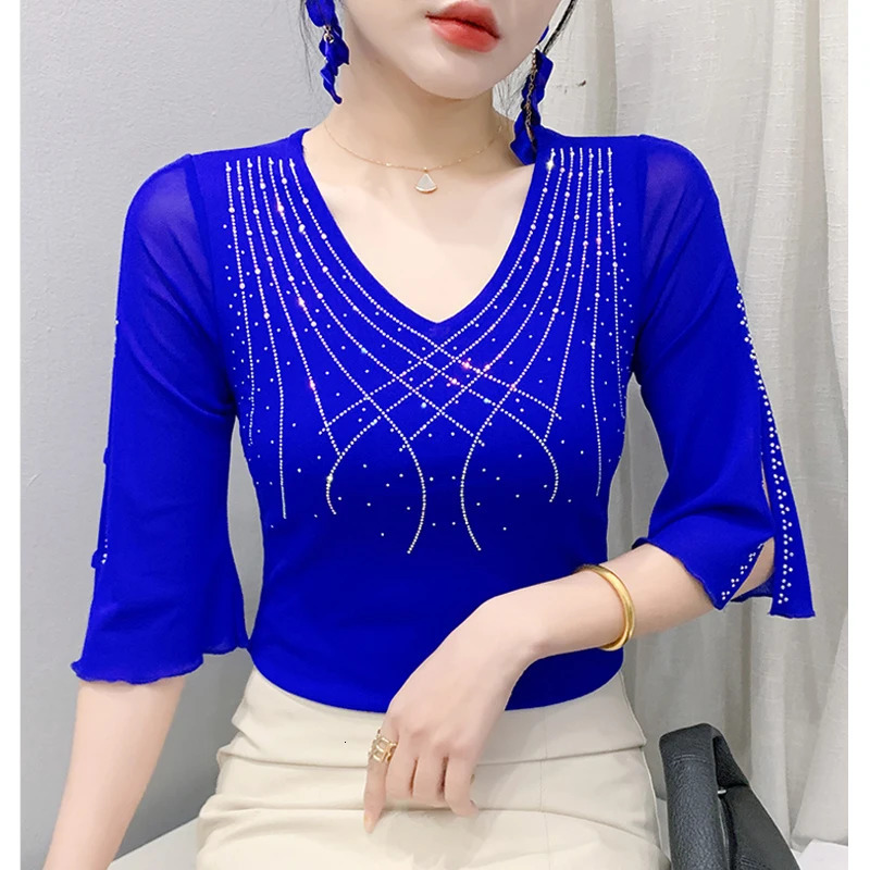 Spring Summer Mesh Tops Korean Fashion Diamond T Shirt Slim 34 Sleeve Hollow Out Casual Women 250611
