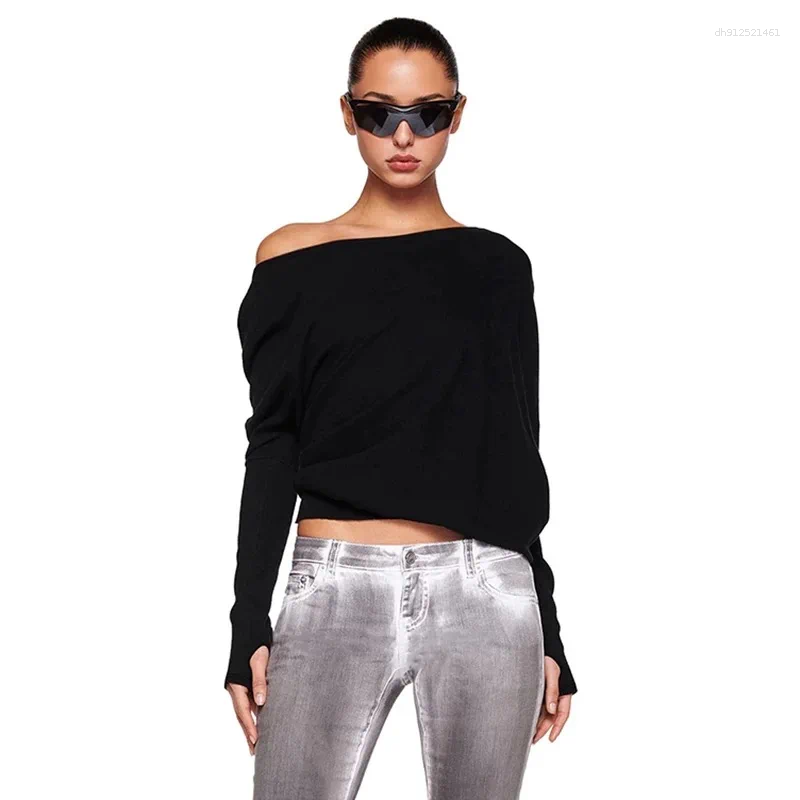 Women's Tracksuits Iamgia One-shoulder Off-the-shoulder Long-sleeved Fashion Black Top Denim Skirt Suit