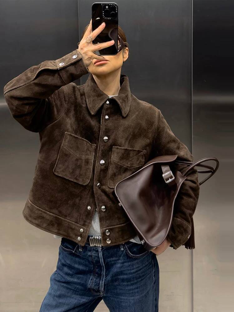Retro Suede Jacket Women Lapel Full Sleeves Single Breasted Pockets Jackets Female 2025 Spring Summer Casual Vintage Lady Coat