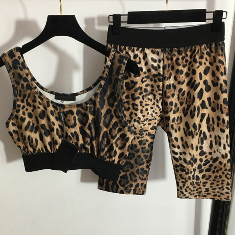 Yoga Suit Leopard Print Tight 2-piece Set Brown Long-sleeved Shorts Slim Pants Letters Sports Pilates Gym Sets S-XL YGS027