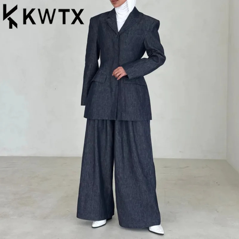 KWTX Summer Denim Linen Blazer Pants Set Womens Two Piece Outfit Hidden Button Office Chic Wide Leg Suit Spring Streetwear 250606