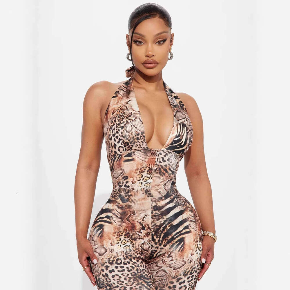 Summer New Wild Elegant Deep V Color Block Halter Tie Back Leopard Print Jumpsuit B5