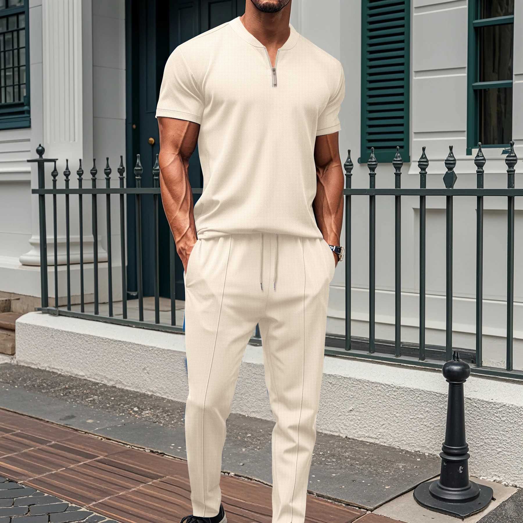 Mens New Waffle Collar Small Zipper Solid Color Mens Casual Short-Sleeved Pants Outdoor Summer Suit W250613