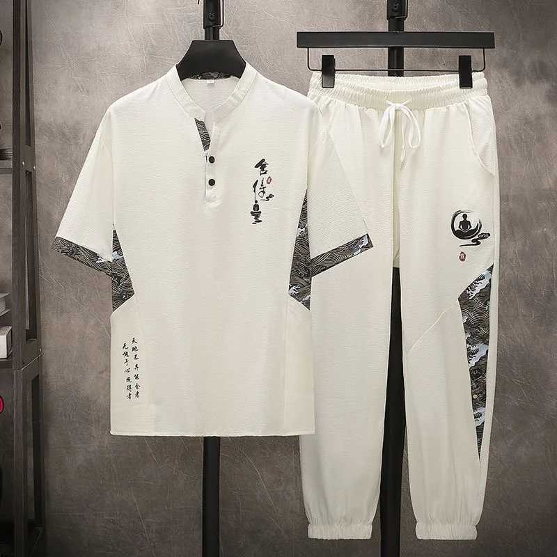 Summer New Fashion Trend Short-Sleeved T-shirt Long Pants Set Mens Loose Sport Breathable Large Size High-Grade Two-Piece Set W250613