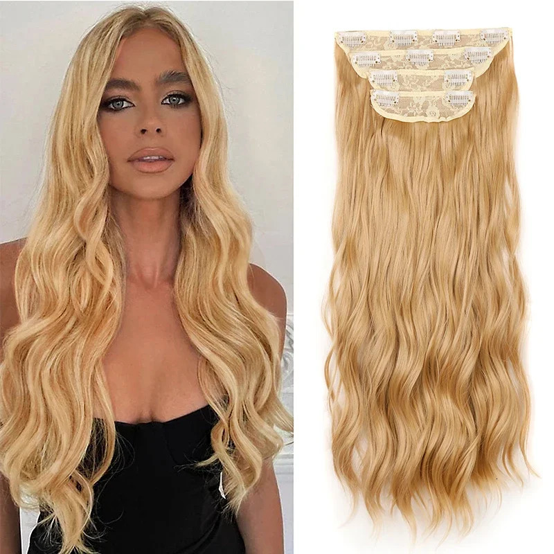 4pcs / set 24 pouces Clip wavy in Hair Extension Long Wavy Wavy Shoips pour femmes synthétiques Blonde Blonde noire mixte Couleur à cheveux 25061