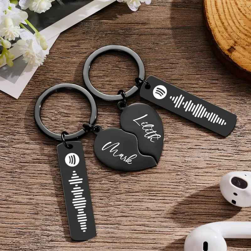 2PCS Personalized Music Spotify Scan Code Keychain for Lovers Stainless Steel Custom Laser Engrave Name Couple Keychain Gifts 250530