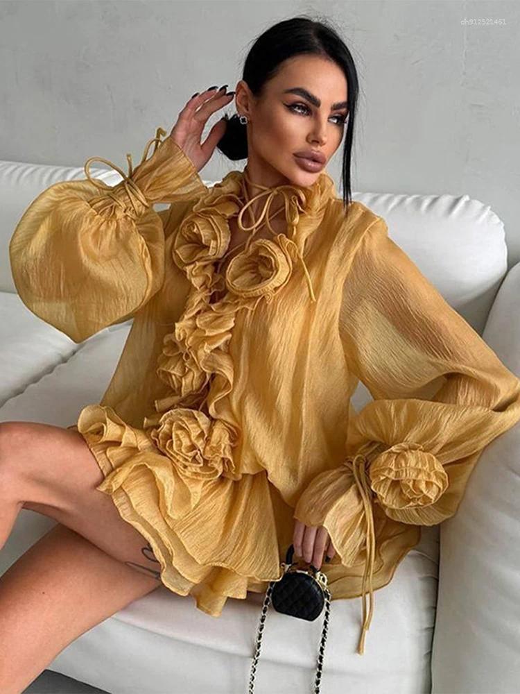Survêtements pour femmes Multi-Couche Volants Robe à fleurs Shorts Ensembles Femmes 2 pièces à manches longues à lacets lâches mini robes irrégul