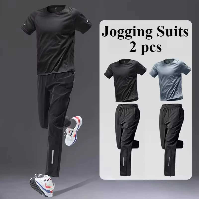 2Pcs/Suit Sportswear Mens Summer Fall Ice Silk Loose Running Training Clothes Quick Dry Short-sleeved T-shirt Outdoor Fitness W250613