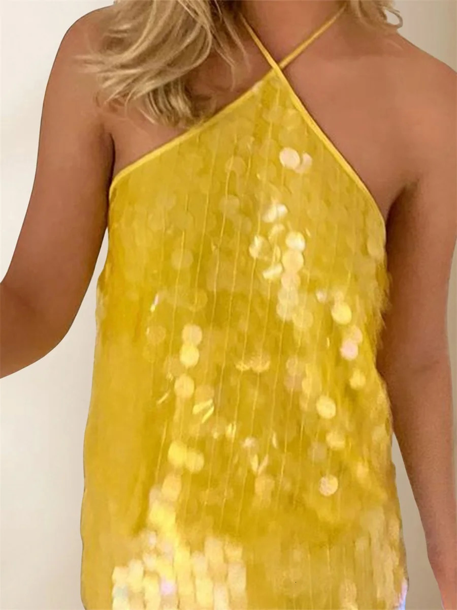Sequin Embellished Tie-Up Halter Neck Tank Top for Women Sleeveless Summer Vest with Casual Streetwear Vibe 250609