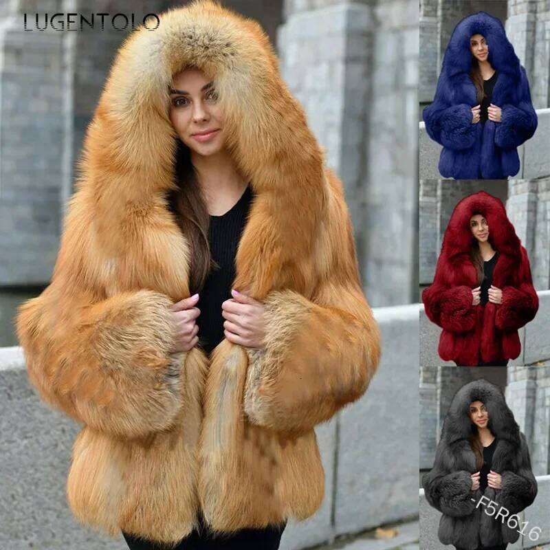 Women's Faux Fur Coat, Patchwork Faux Fox Fur Hooded Jacket - Long Sleeve Batwing Design, Stand Collar, Single-Breasted Closure, Full-Fur Trim, Brow