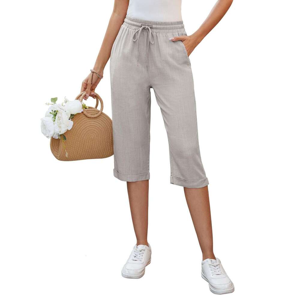 Pantalon Capri en lin pour femmes, décontracté, respirant, confortable, couleur unie, Base, noir, fin, B5, nouvelle collection été