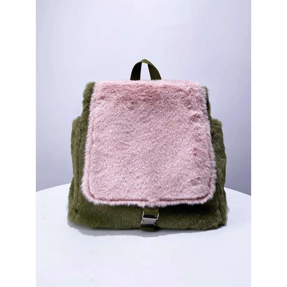 Faux Fur Color Block Backpack New Trend Korean Style Niche Design Large Capacity Plush Handbag