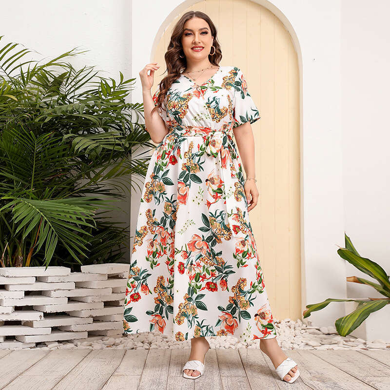 Russian Brazilian Hot-Selling Plus Size Loose V-Neck For Women With Elastic Waist, Short Sleeves, And Printed Long Dress B5