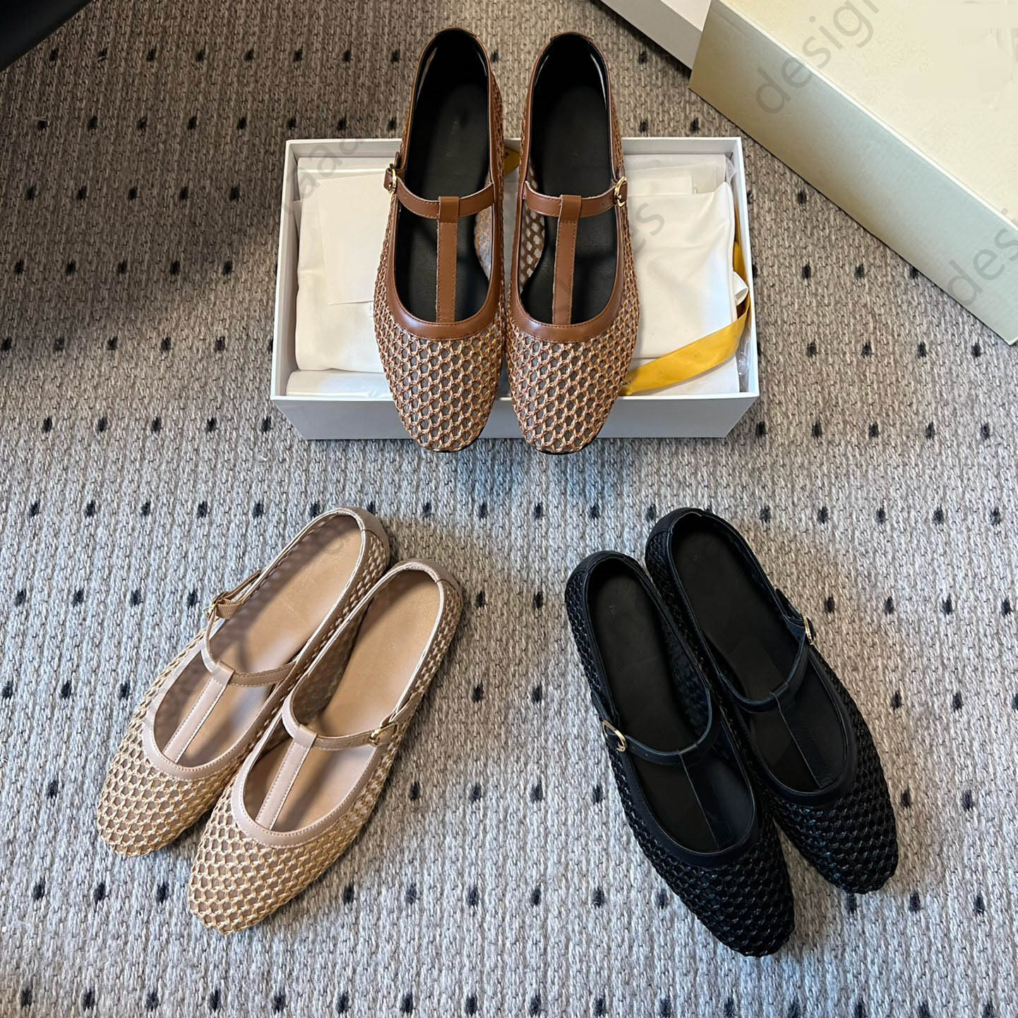 2025ss ballet flats with diamond and buckle woven mesh retro shoes Luxury Loafers sandals Square Round toe Mary Jane shoes top quality flat sanda