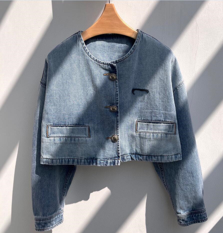 Triangle P Retro women's round neck short style denim jacket casual jacket