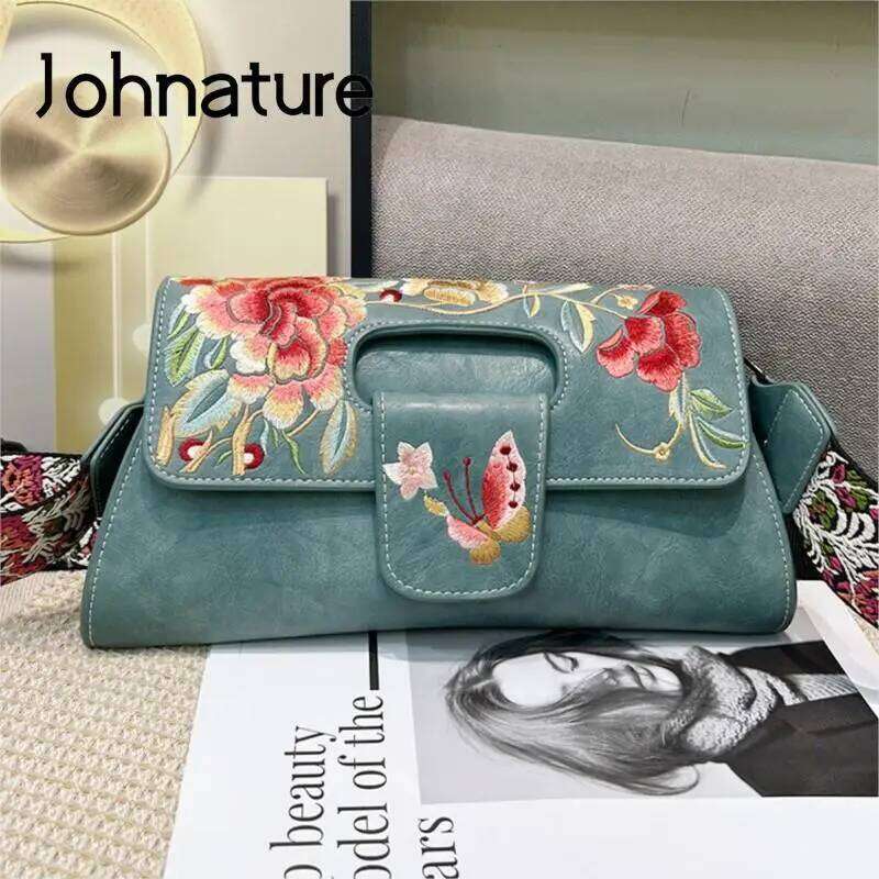 Johnature Vintage Chinese Style Embroidery Women Leather Bag 2025 New Elegant Handbag Versatile Shoulder & Crossbody Bags