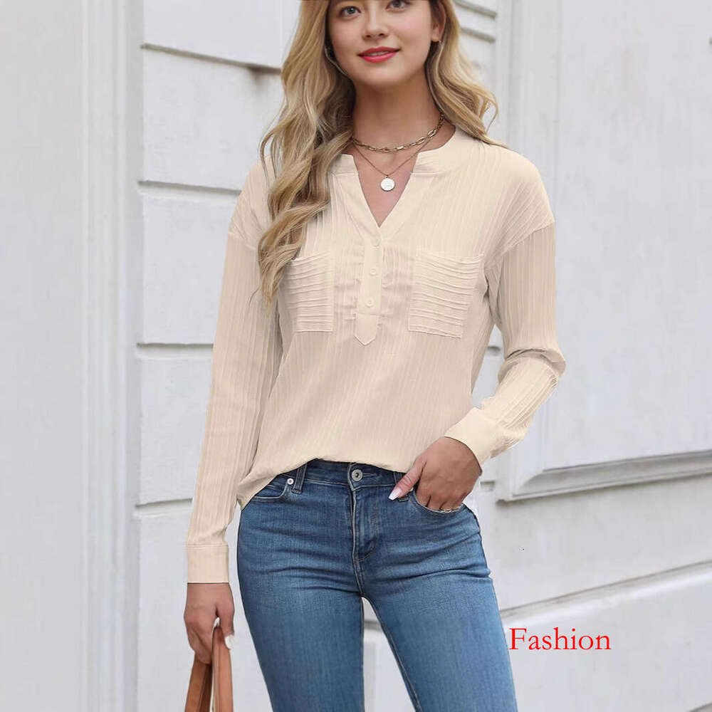Women's V-Neck Shirt Elegant Casual Solid Color Pullover Top B5 b7