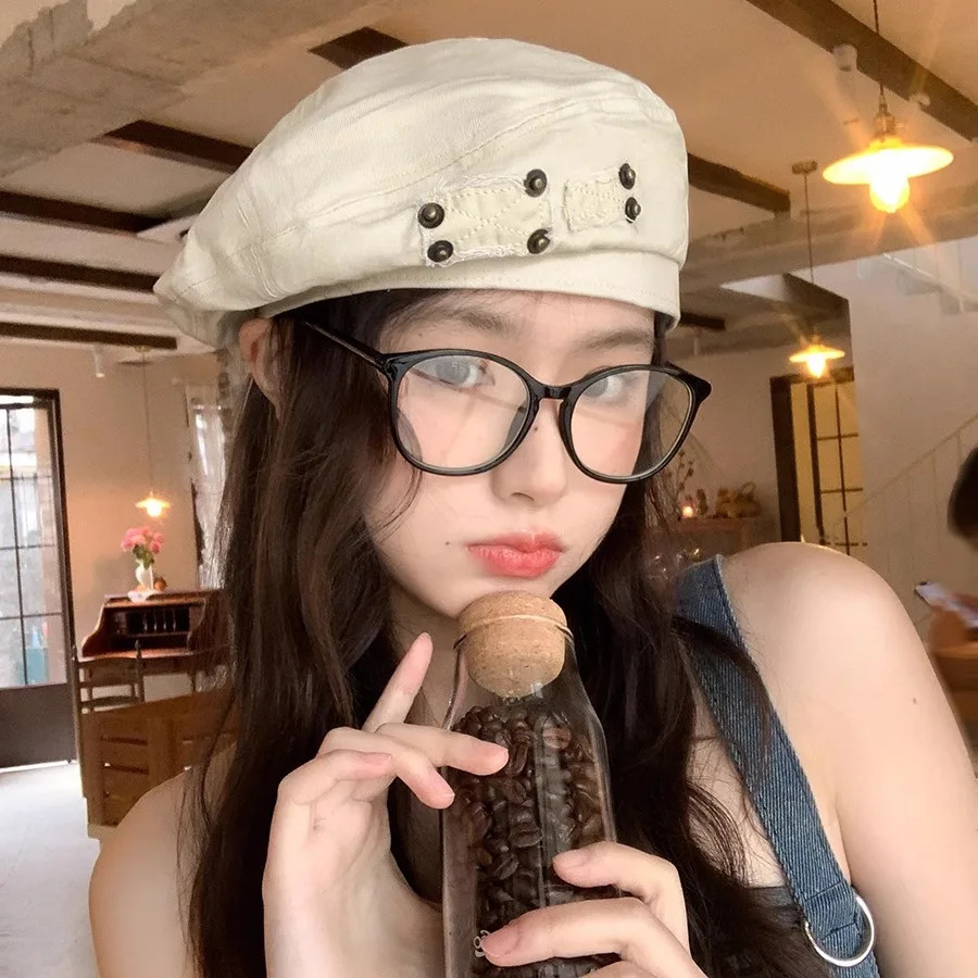 Vintage Rivet Patch Washed Cotton Berets Cap for Women Spring and Summer Casual Versatile Retro Literary Painter Hat 250612