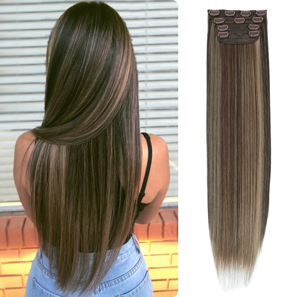 Magicae Piano Brown 4pcs / Set Synthetic Hair Clip Clip dans Long Derred Natrual Cherseces for Women Synthetic Hair Extensions 250611