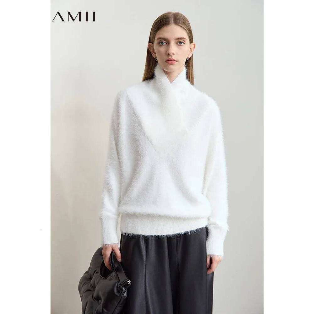 Amii Minimalist 2024 Winter Women Clothing Warm Overlapping Turtleneck Imitation Mink Bat Sleeve Sweater Loose Thin Top 12444251