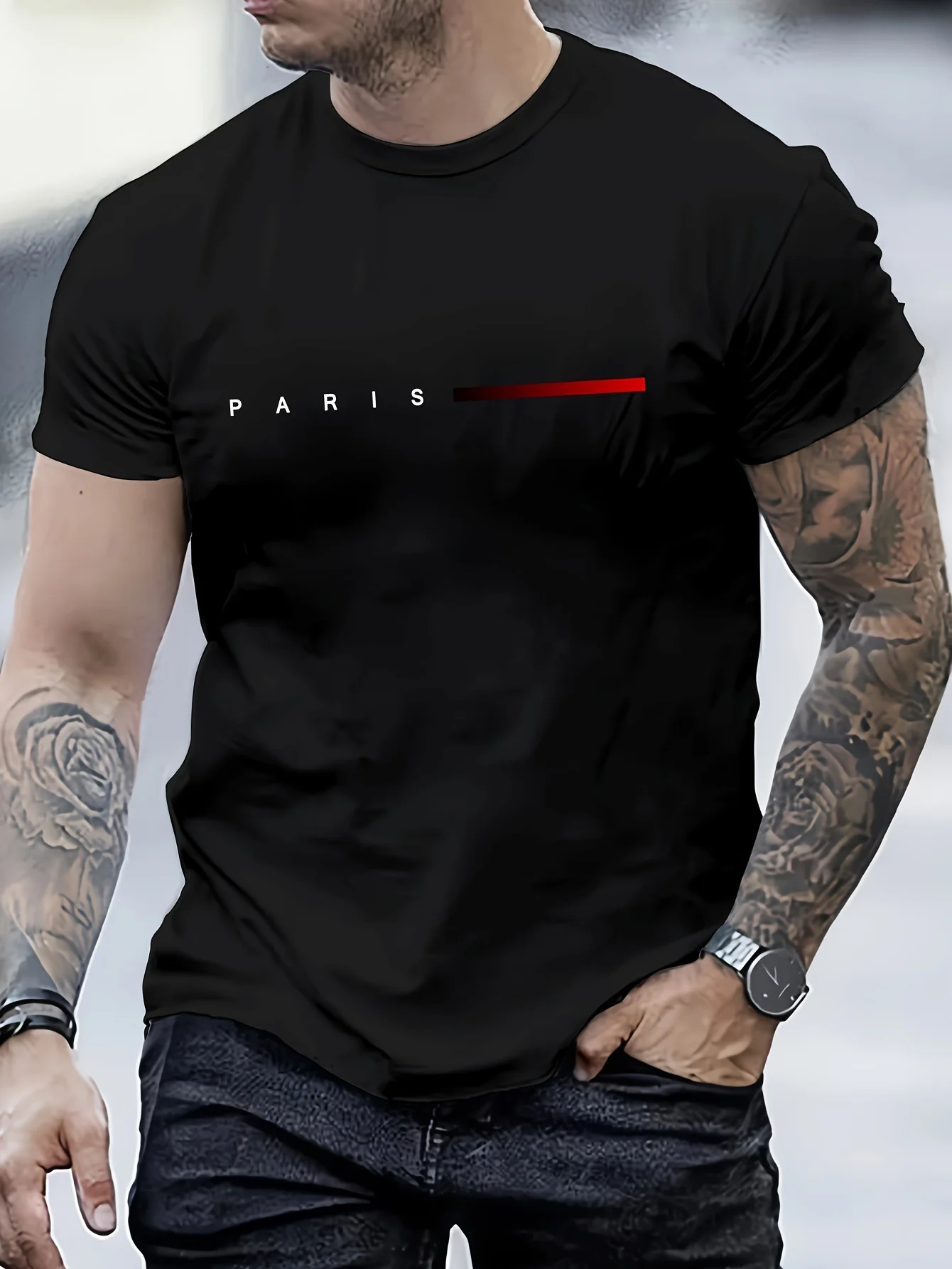 Mens 100% cotton summer loose PARIS Creative Letter print casual slim fit round neck short sleeved T-shirt top 250606