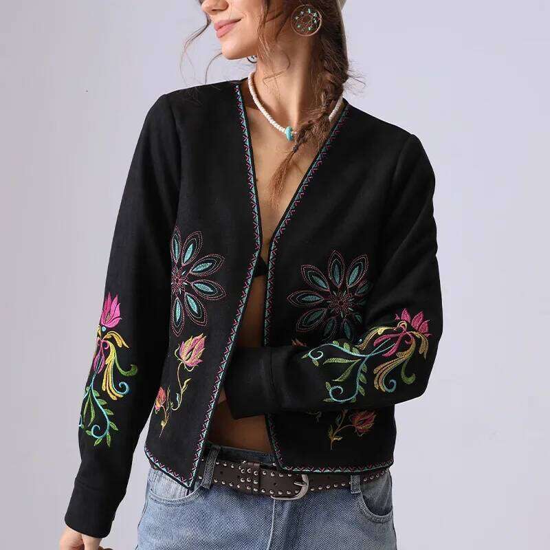 IRISERLY début du printemps Style français veste de broderie lourde en daim à manches longues ouvert Cardigan haut pour femme coupe ample ethniqu