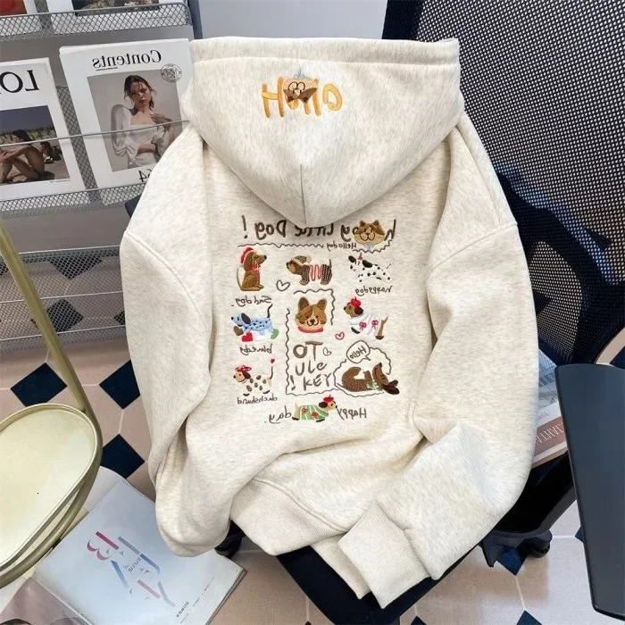 Thickened Long Sleeve Hoodie Brushed Fleece Printed Casual Top for Women Loose Fit Comfortable Taiwanese Cross-Border Apparel 250613