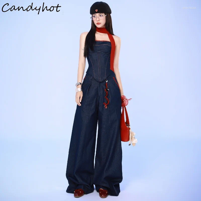 Survêtements pour femmes bonbons épaules dénudées sans manches décontracté mode haut court Y2K taille haute jambe droite pantalon ample automne S