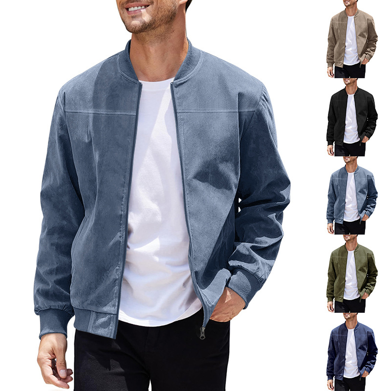 designer jacket windbreaker Suede solid color men's zip-up jacket casual retro long-sleeve cardigan coat S-3XL