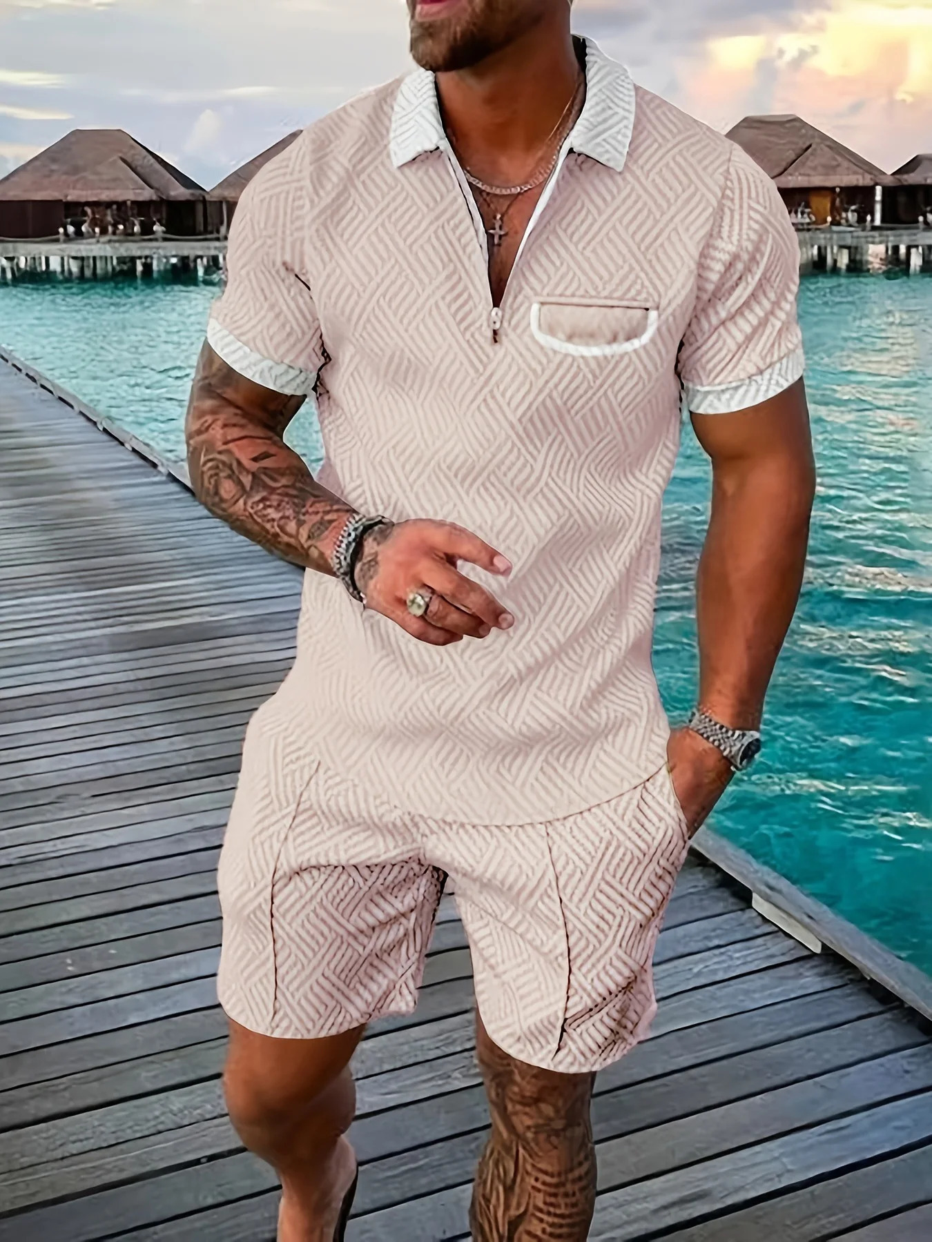 summer Hawaiian Beach mens fashion lapel casual suit 3D digital print pullover zip-up short-sleeved mens shorts 250606